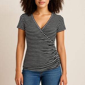 Cache Y2K Metallic‎ Striped Faux-Wrap V-Neck Stretch Top Festival Ballet Disco